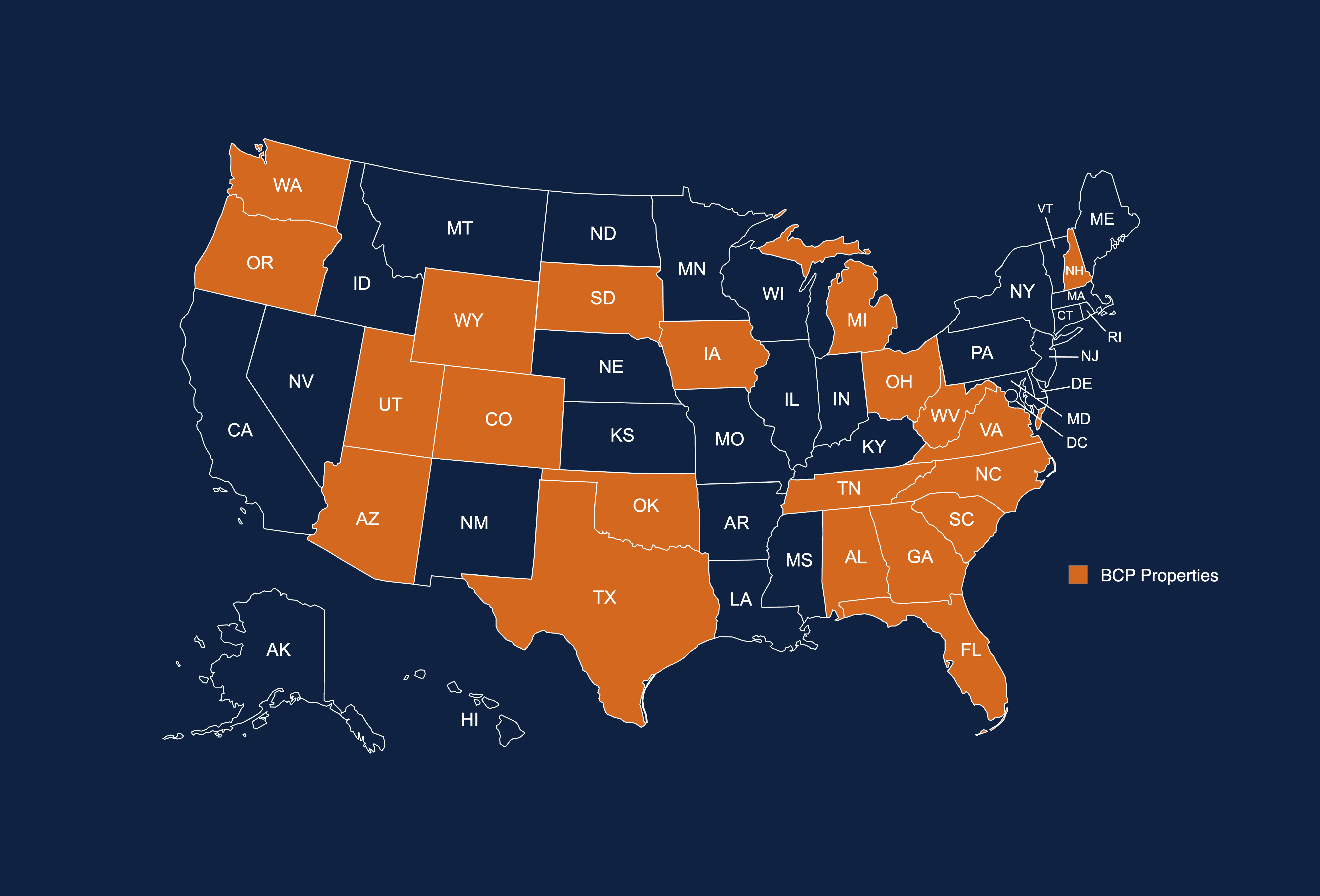 Map of U.S. states where Brookwood Capital Partners has built